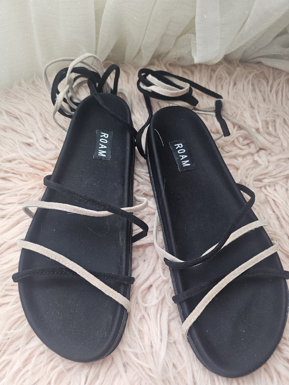 ROAM Women's Black and Beige Strappy Lace-Up Sandals with Ankle Ties